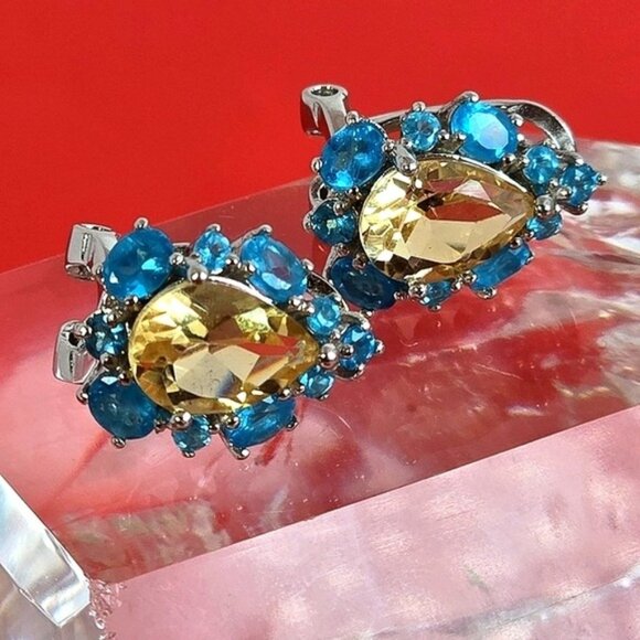 925 Sterling Silver Earrings with Natural Citrine & Paraiba Blue Topaz - Picture 1 of 10